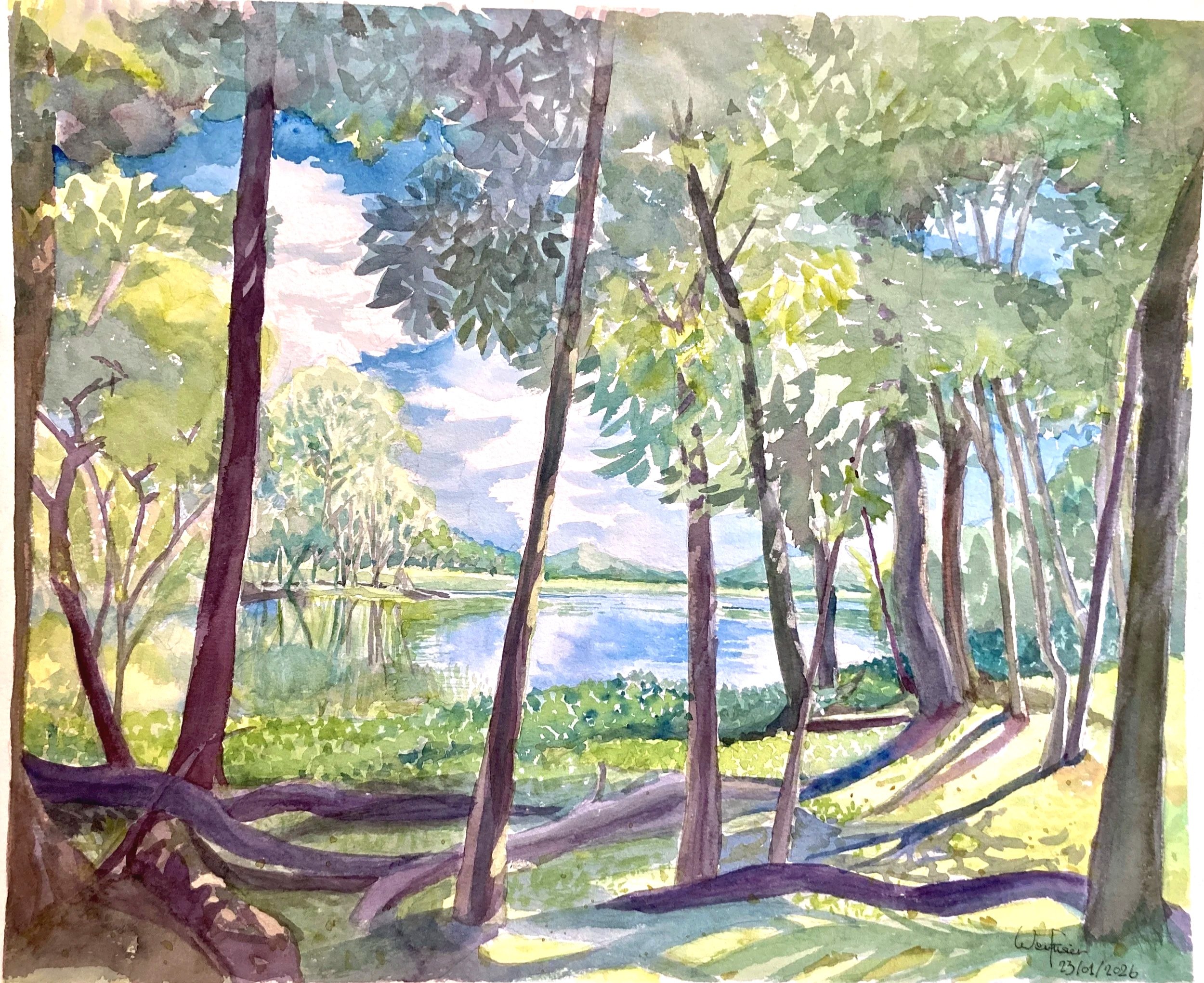 Lake view from forest
Watercolor on paper
45x37cm
2025
Chiang Mai, Thailand