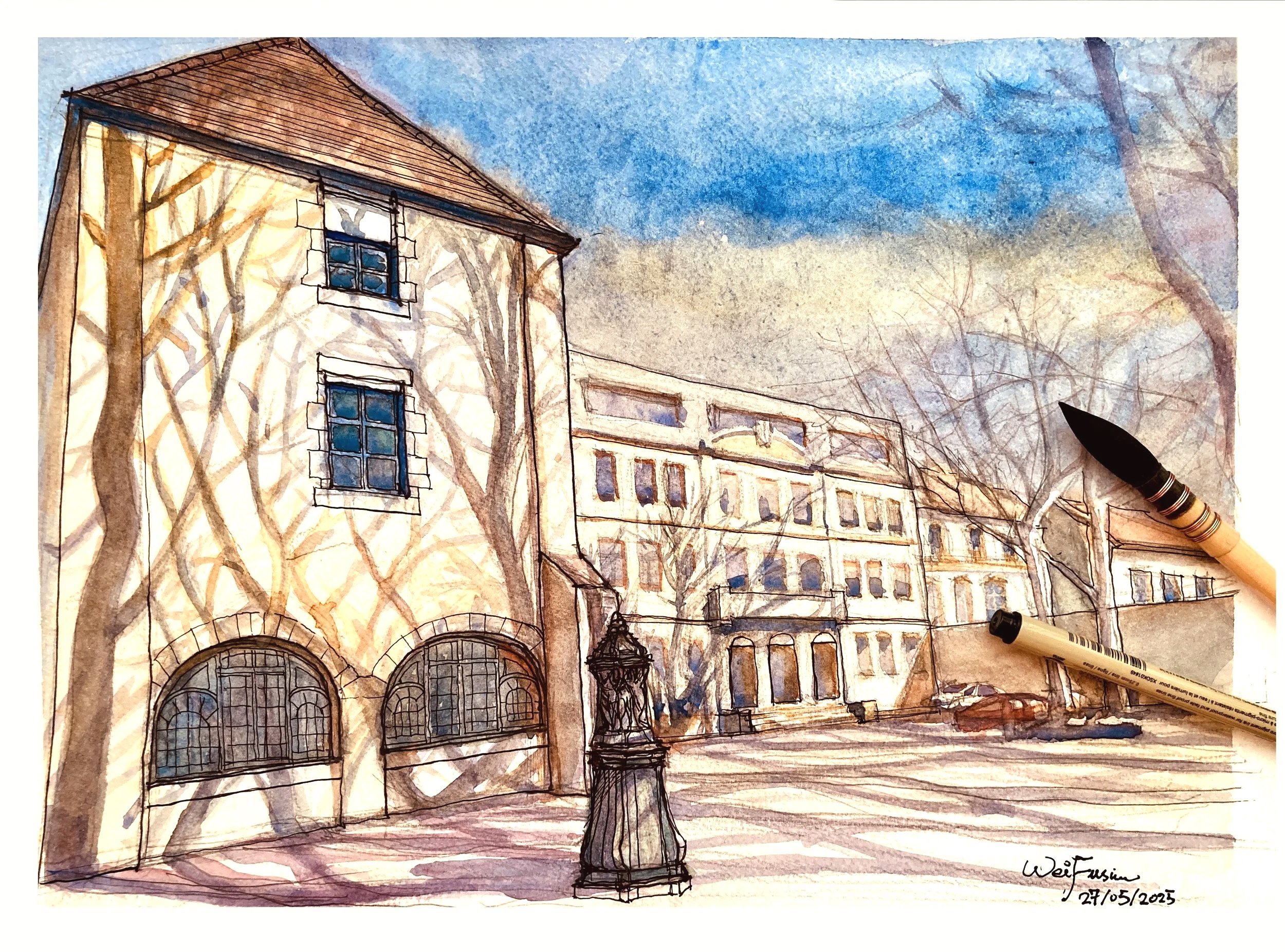Place Gravelle in Besançon
Watercolor on paper
32x40cm
2025
Besançon, France