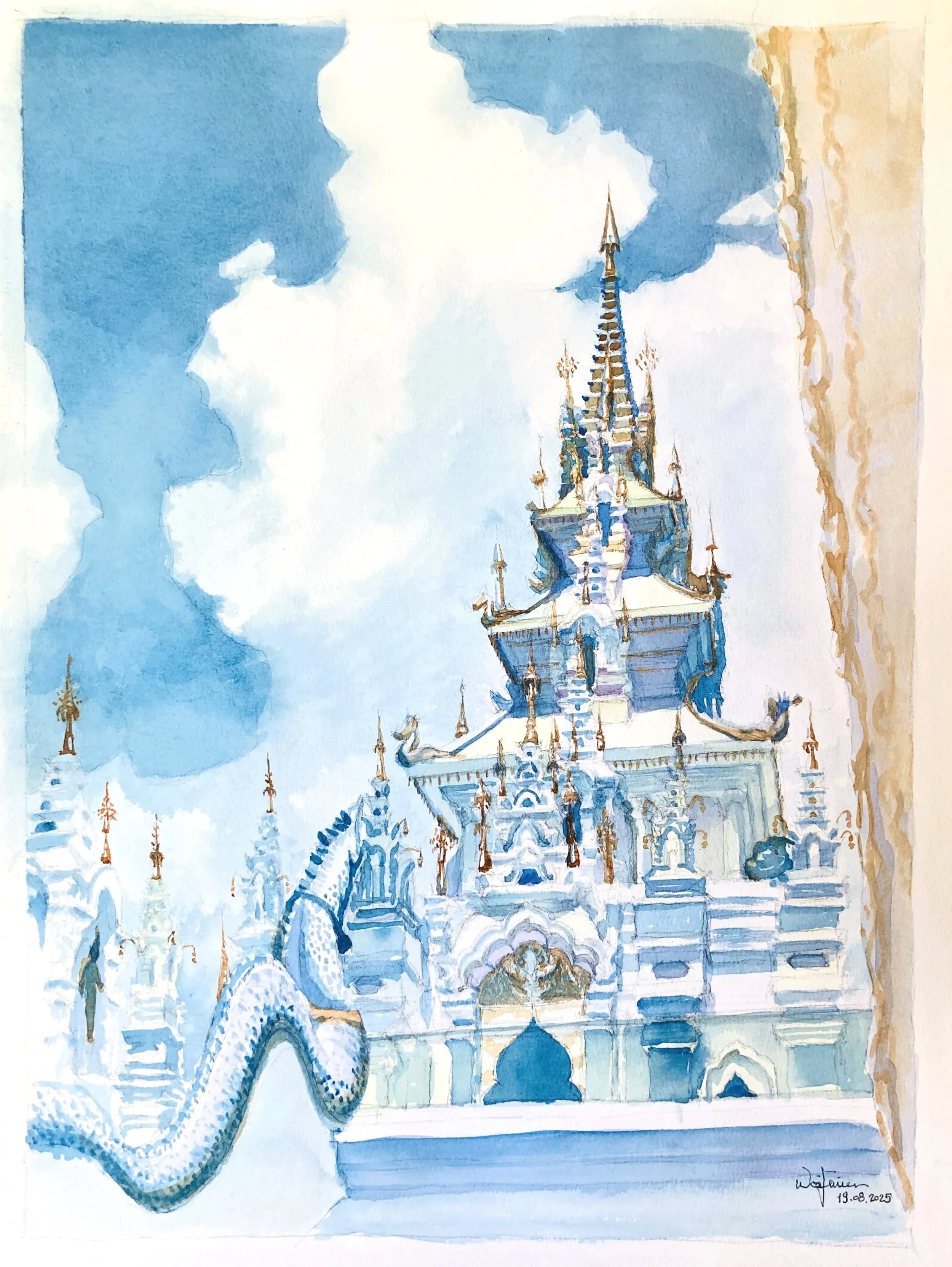 White temple on the hill
Watercolor on paper
37x50cm
2025
Chiang Mai, Thailand