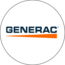 Generac logo with blue text and orange swoosh on a white circular background