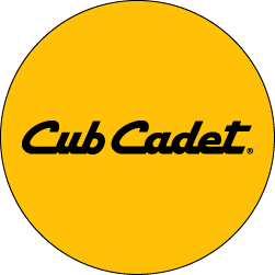 Yellow circular background with black text reading 'Cub Cadet' in stylized font.