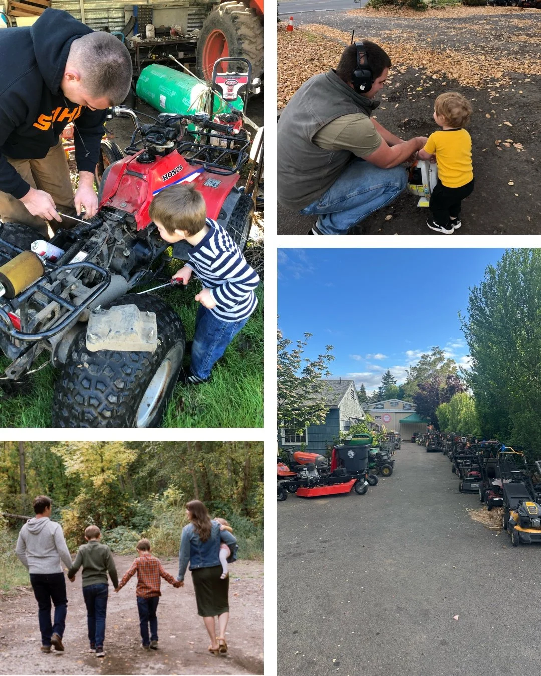Collage of five outdoor scenes: A man and a boy repairing a small red four-wheeler, a man and a girl working with a small device on the ground, a family walking hand-in-hand on a wooded trail, a clear sky over a parking lot filled with lawnmowers and equipment, and a neighborhood street lined with parked lawnmowers and trees.