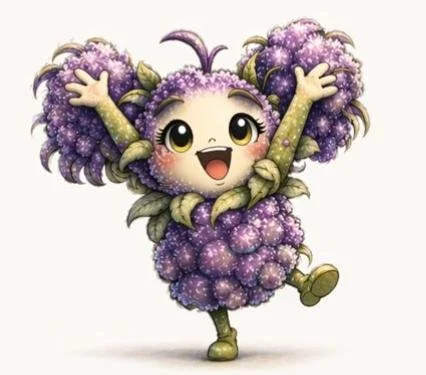 A cute cartoon character made of purple grapes with big eyes, a big smile, and pigtails