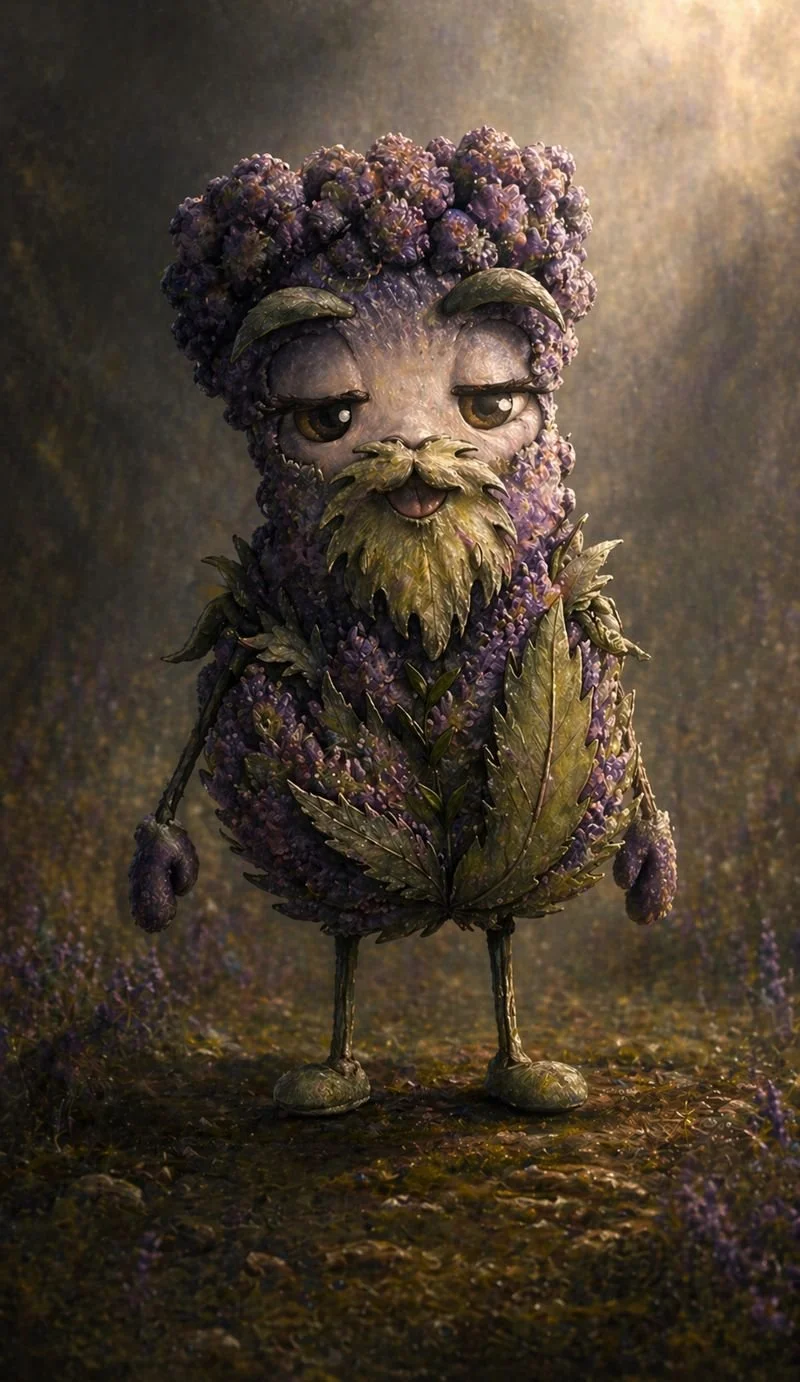 A whimsical creature with a head made of purple flowers, a face with closed eyes and a gentle smile, bushy eyebrows, and a beard and body made of leaves and plant parts, standing on a textured ground with a blurry background.