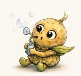 Cartoon creature with a round, fuzzy yellow body, big eyes, and a tuft of hair, playing a small wind instrument and sitting on the ground.