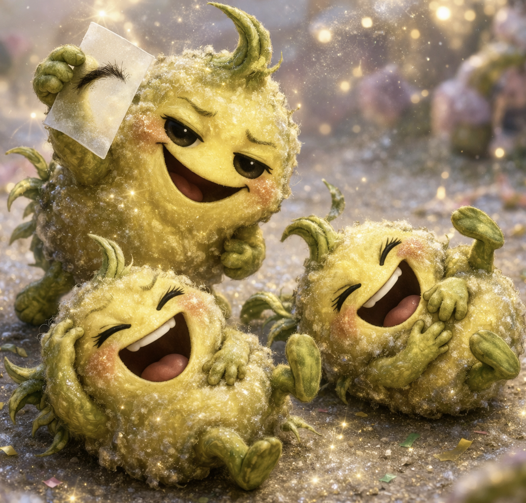 Three cartoonish, happy, yellow fuzzy creatures with horns and large expressive eyes, laughing and playing outdoors, with sparkles and blurred colorful background.