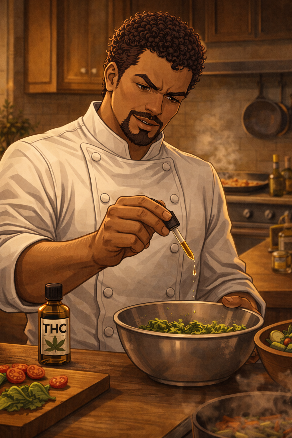 A male chef with dark curly hair and a beard in a white chef jacket, preparing food in a kitchen with wooden cabinets. He is holding a dropper with liquid over a bowl of salad, with a bottle labeled THC on the counter nearby.