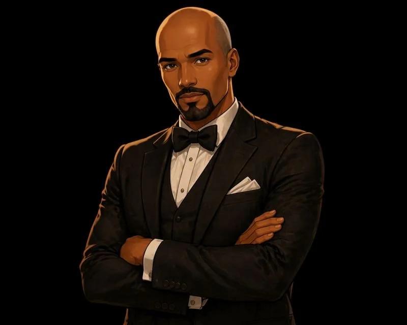 A well-dressed man in a black tuxedo with a bow tie, white dress shirt, and pocket square, standing with arms crossed against a black background.