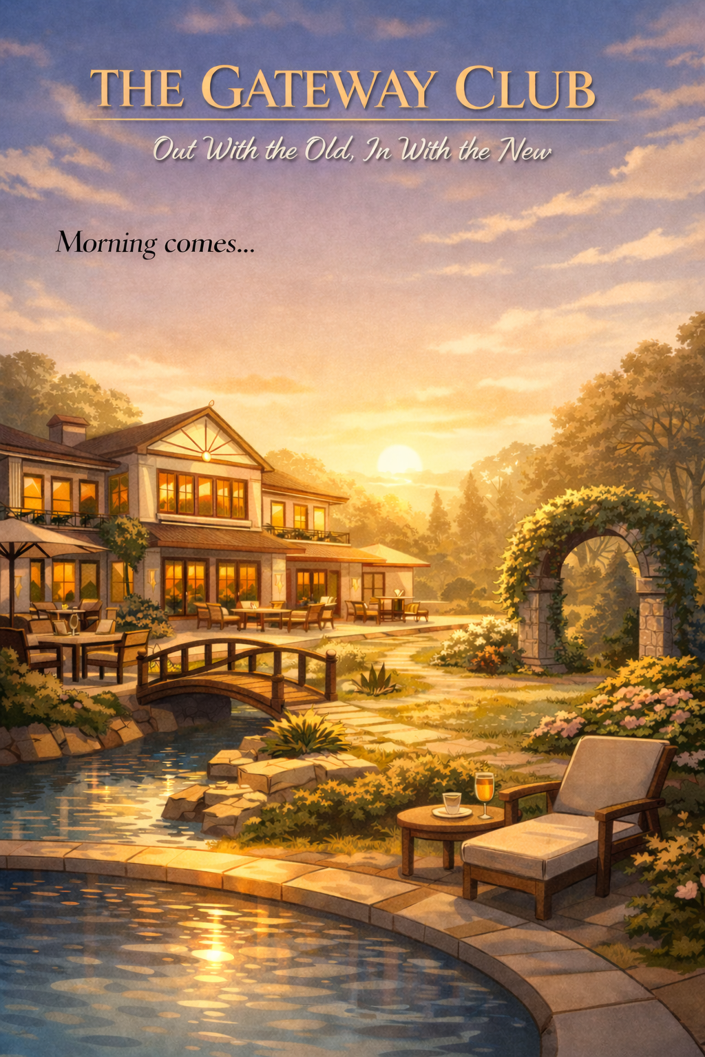 A scenic sunset view of a luxurious house with a pond, a small bridge, a stone archway, outdoor seating, and lush landscaping.