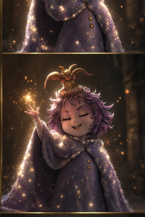A whimsical animated character with purple curly hair, wearing a starry purple cloak, and a small animal hat, surrounded by sparkling magical lights in a forest setting.