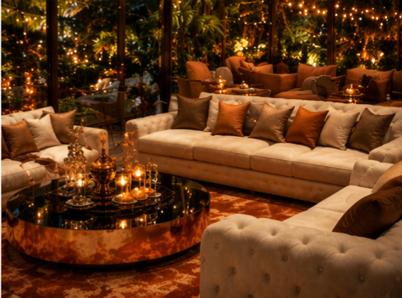 Luxurious indoor lounge with beige and brown sofas, decorative pillows, and a round black-topped coffee table with candles, surrounded by a lush indoor garden at night with string lights.