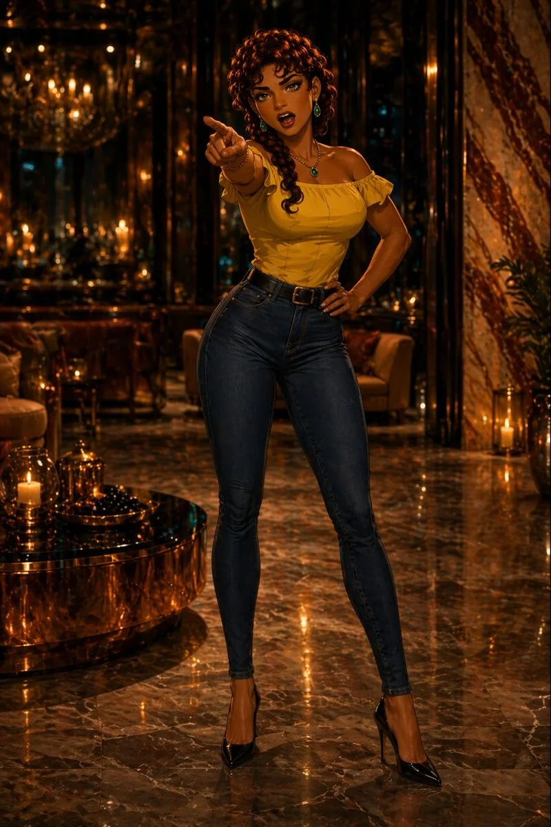 A woman with curly hair with brown highlights pointing forward, dressed in a yellow off-the-shoulder top and dark jeans, standing in an elegant, dimly lit room with candles and chandeliers.