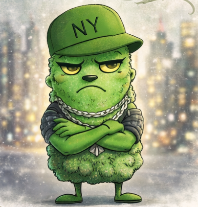 Anthropomorphic broccoli character with arms crossed, wearing a green NY cap, in an urban setting with blurred lights.