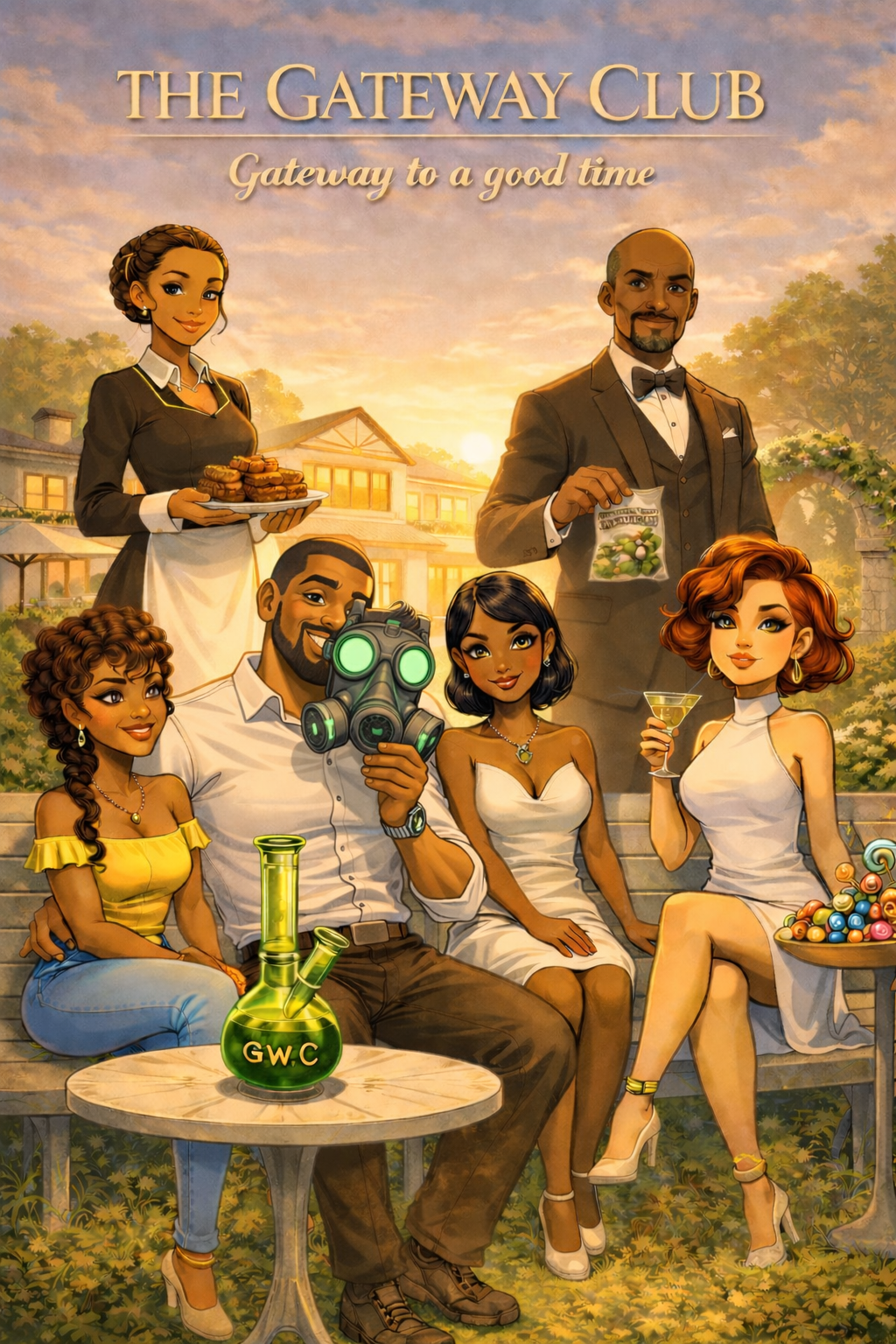 Illustration of a diverse group of six adults at a garden party in front of a large house at sunset, with drinks, snacks, and a jar labeled 'GWC', promoting the Gateway Club.