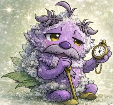 A purple, fluffy cartoon creature with a mustache, holding a pocket watch in one hand, sitting on a green leaf against a glittery background.