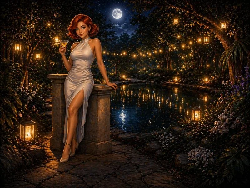 A woman in a silver gown holding a martini glass, standing on a stone path by a pond at night with lanterns, trees, and a full moon in the sky, creating a romantic, enchanting scene.