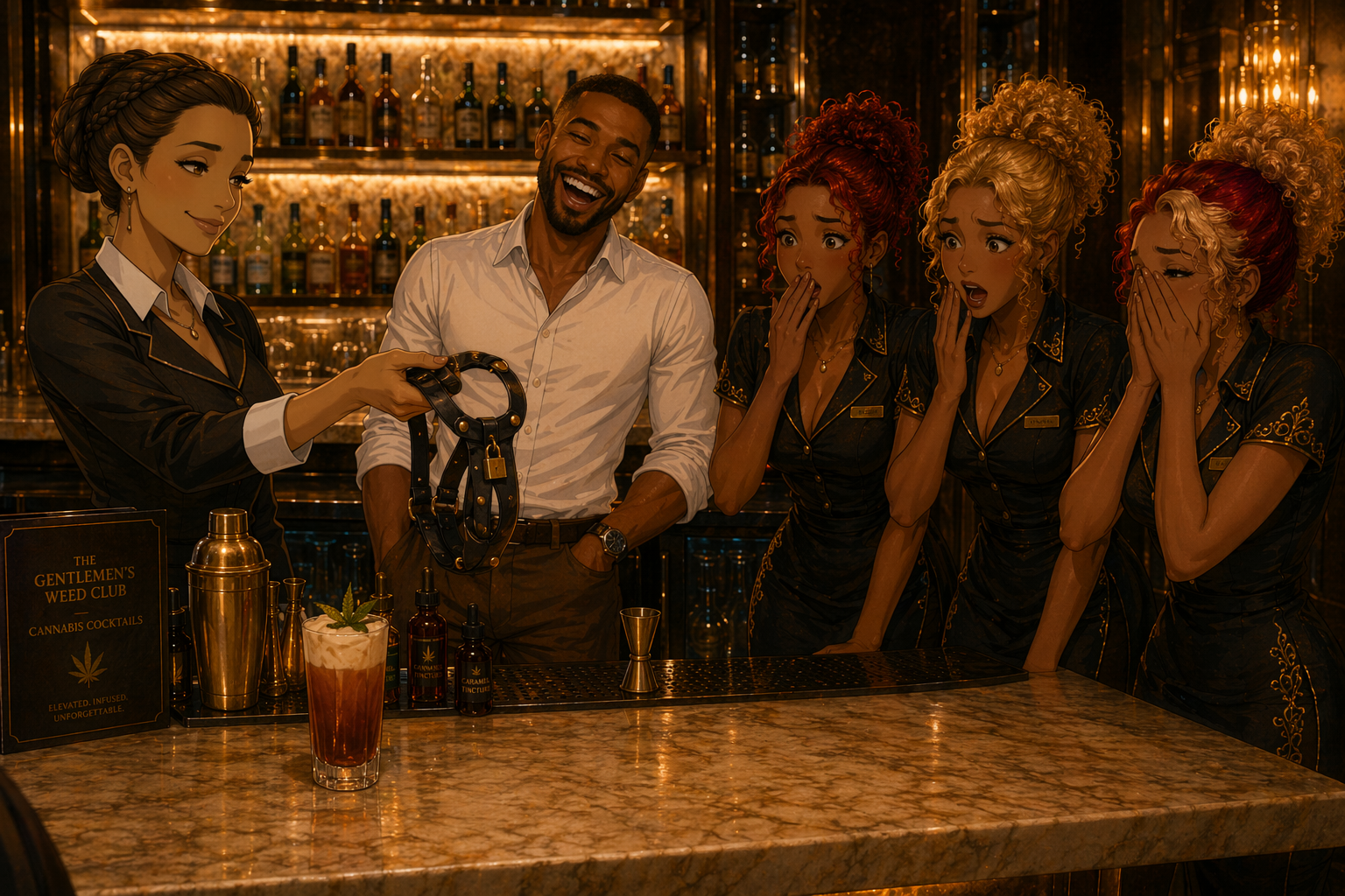 A bartender at a bar presents a leather collar to a smiling man, while three women in black uniforms look on in shock.