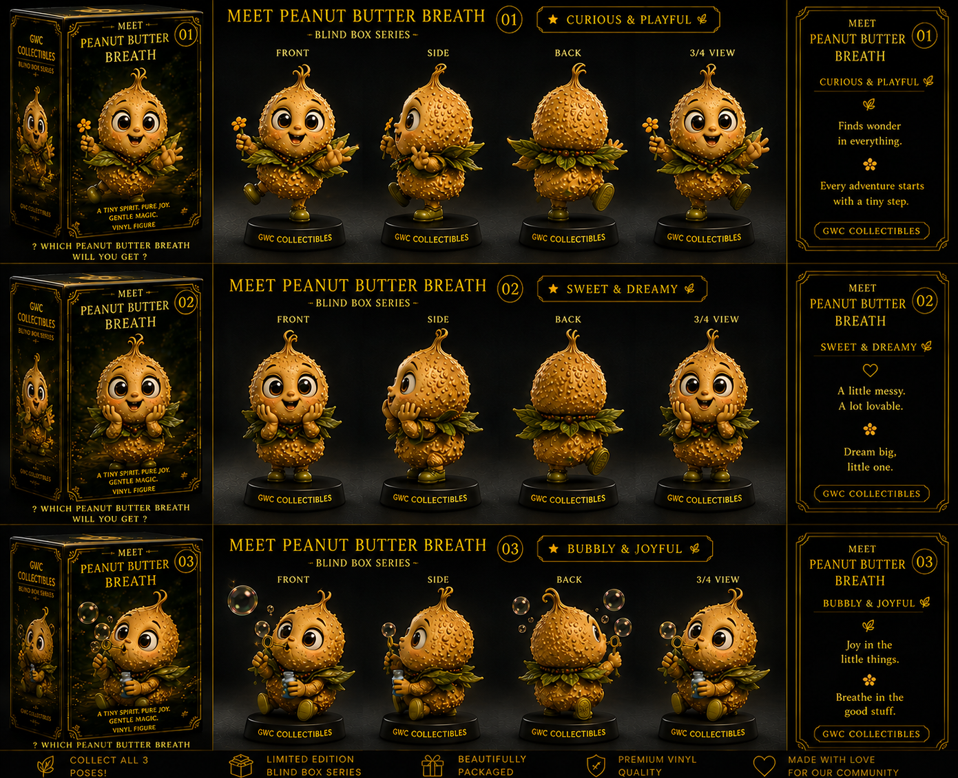 Three collectible vinyl figures of Peanut Butter Breath from GWC Collectibles, each with different design themes: Curious & Playful, Sweet & Dreamy, and Bubbly & Joyful. They are displayed with front, side, back, and 3/4 views, accompanied by descriptions and packaging images.