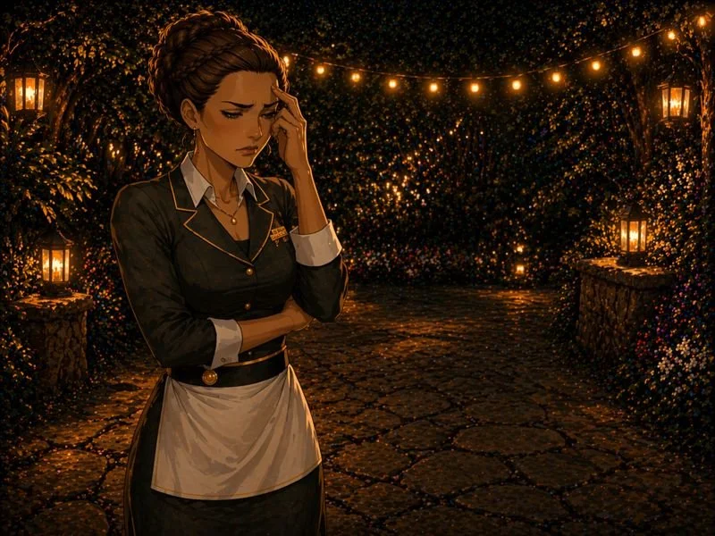 A woman dressed as a waitress holding her head in a dark, romantic outdoor setting with string lights and lanterns.