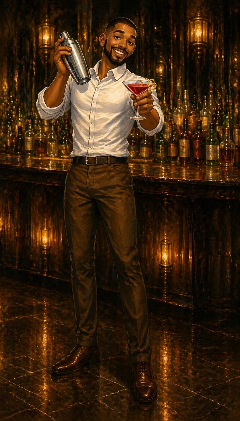 A smiling man in a white shirt and brown pants holding a cocktail shaker and a red cocktail drink, standing in a dimly lit bar with bottles and warm lighting.