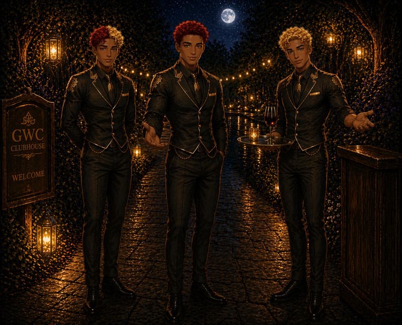 Three young men in black suits with gold accents standing outdoors at night under a full moon, with lanterns and string lights illuminating a pathway, a sign reading 'GWC Clubhouse Welcome', and a woman serving wine.