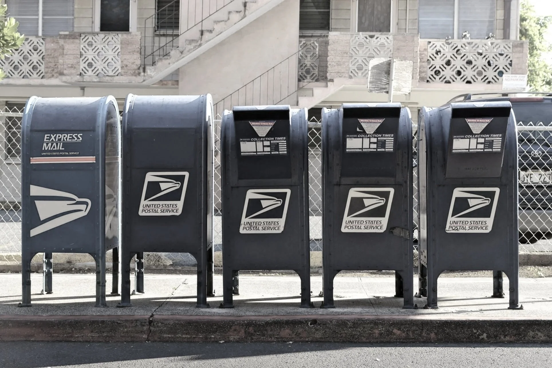 A series of USPS mailboxes that can receive your prepaid envelope containing your equine gut microbiome fecal test sample