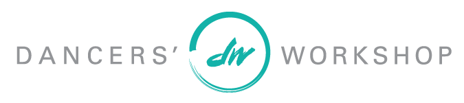 Logo for Dancers' Workshop with stylized text and graphic elements.