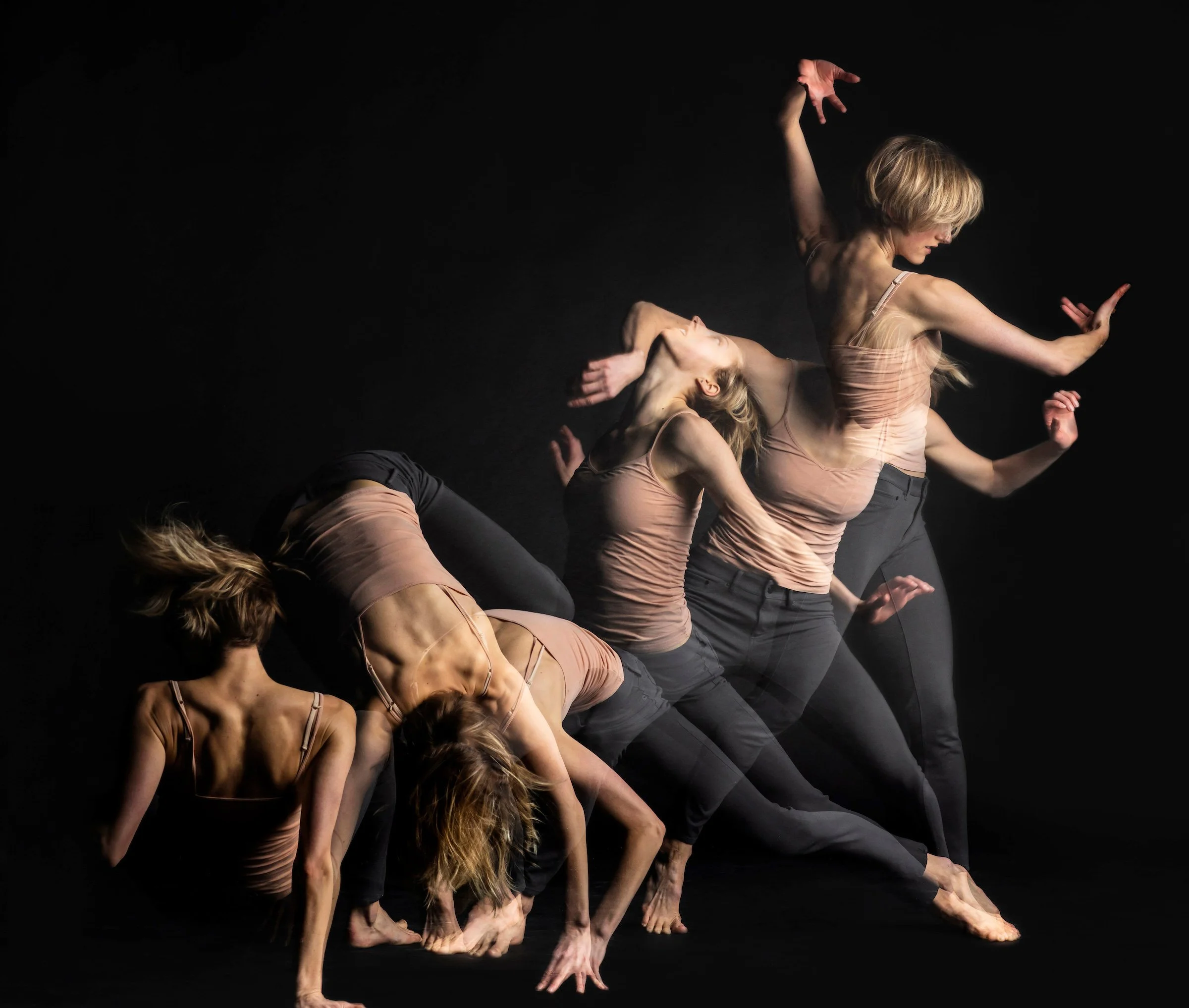 Michaela Ellingson in nude and black outfits performing a contemporary dance routine against a black background, with dynamic and expressive poses.