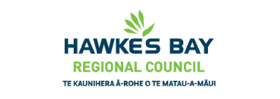 Logo of Hawkes Bay Regional Council with green and blue text and a green leaf graphic