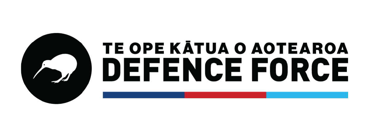The official logo of the New Zealand Defence Force featuring a kiwi bird silhouette, Māori and English text, and a color bar with blue, red, and light blue segments.