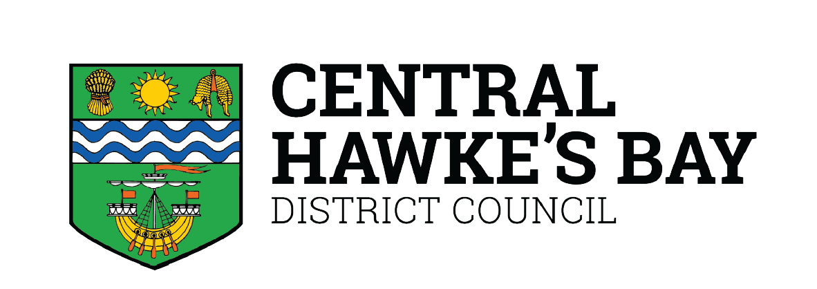 Logo for Central Hawke's Bay District Council featuring a shield with native Maori symbols, a sun, and waves, with bold black text to the right.