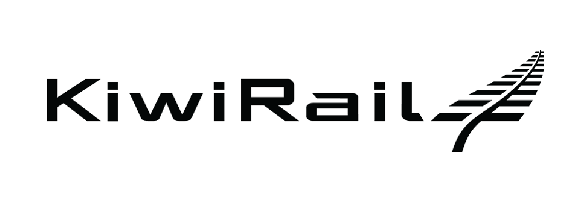 Black logo with the text 'KiwiRail' and a stylized railway track extending from the letter 'l'.