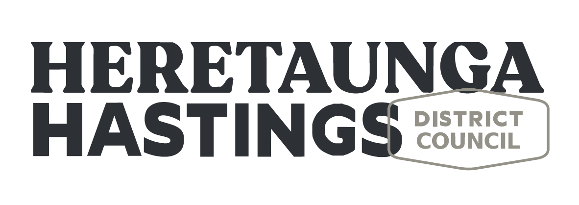 Heretaunga Hastings District Council logo with large black text and a gray badge displaying 'District Council' on a white background.