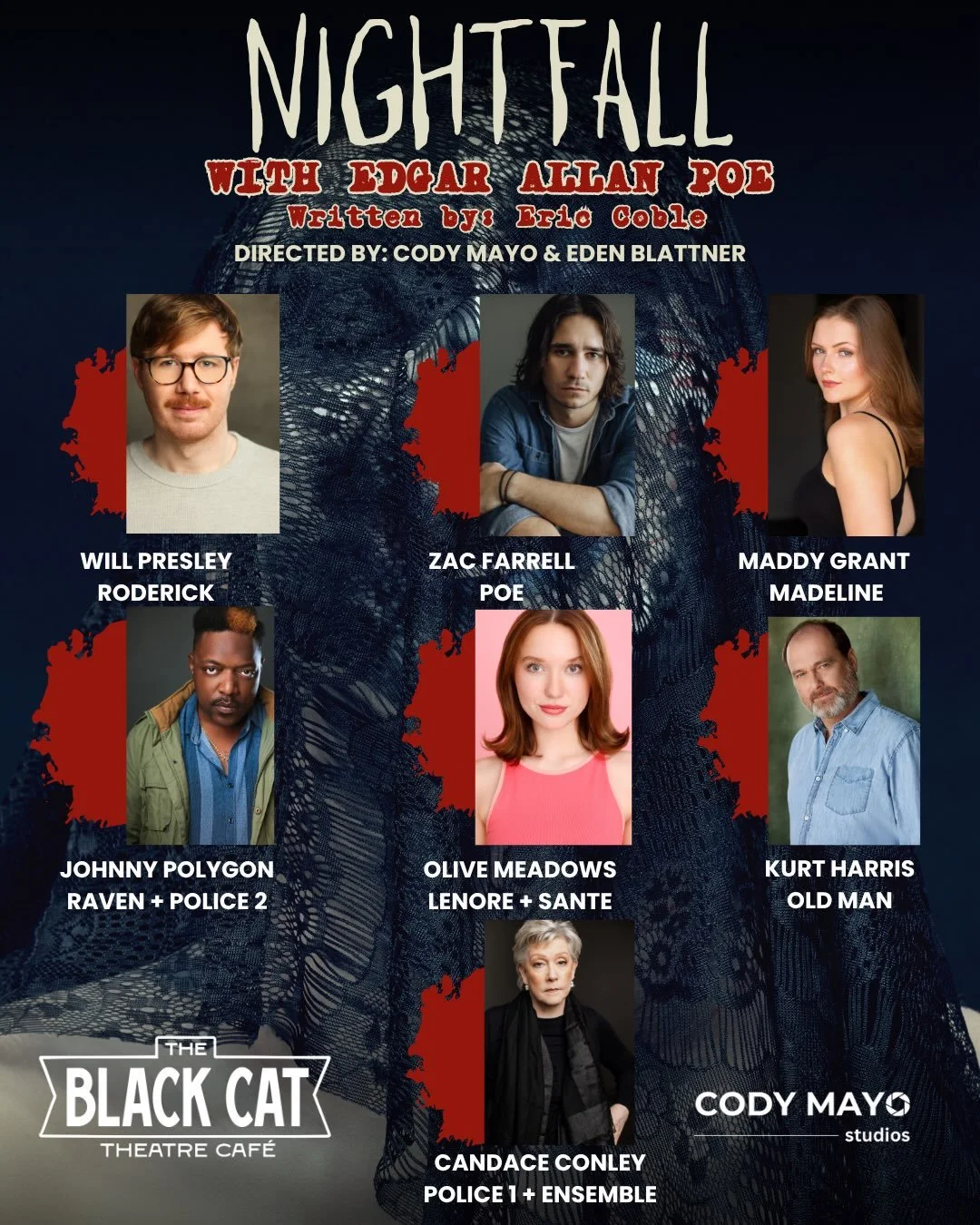 NIGHTFALL with Edgar Allan Poe 🐦&zwj;⬛ 

💀 Cast:

POE - @zac_farrell 
MADELINE - @maddeygrant 
RODERICK - @willpresley 
RAVEN/POLICE 2 - @johnnypolygon 
LENORE/SANTE - @olive_.meadows 
OLD MAN - @dryrobroy 
POLICE 2 - @thecandaceconley 

Directors: