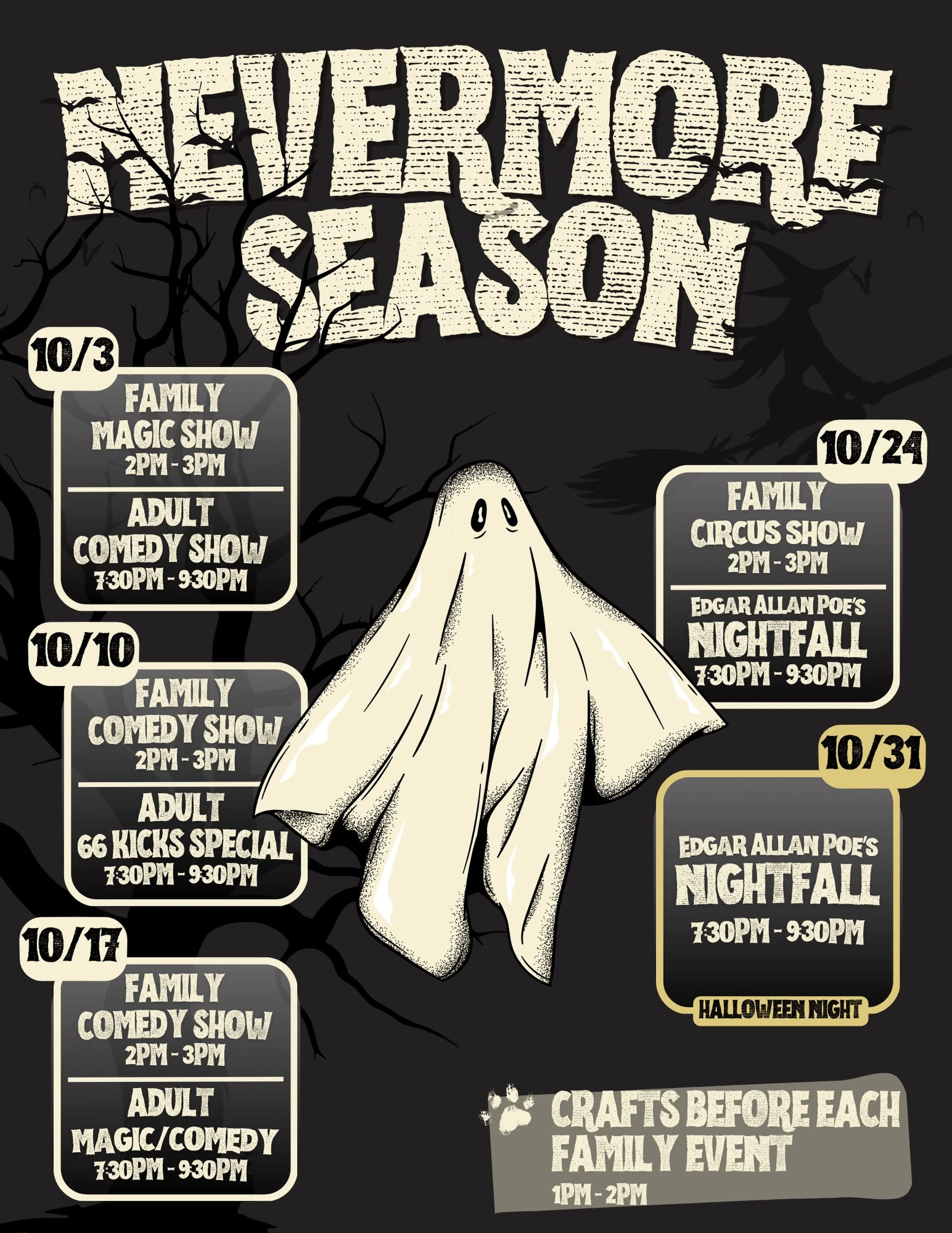 🖤 NEVERMORE SEASON 🖤

During Nevermore The Black Cat Theatre Cafe transforms! 🐦&zwj;⬛ 

We will offer spooky and family friendly shows/crafts/drinks/events every Saturday of October! After our family hours, we&rsquo;ll have adult evenings/shows! ?