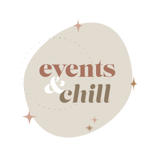 A beige oval with the text 'events & chill' in brown and white letters, decorated with small stars.