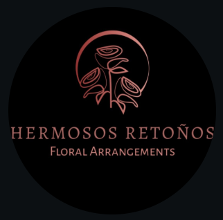 Minimalist logo with a line drawing of a plant inside a circle, pink in color, with the text 'Hermosos Retos' and 'Floral Arrangements' beneath it.