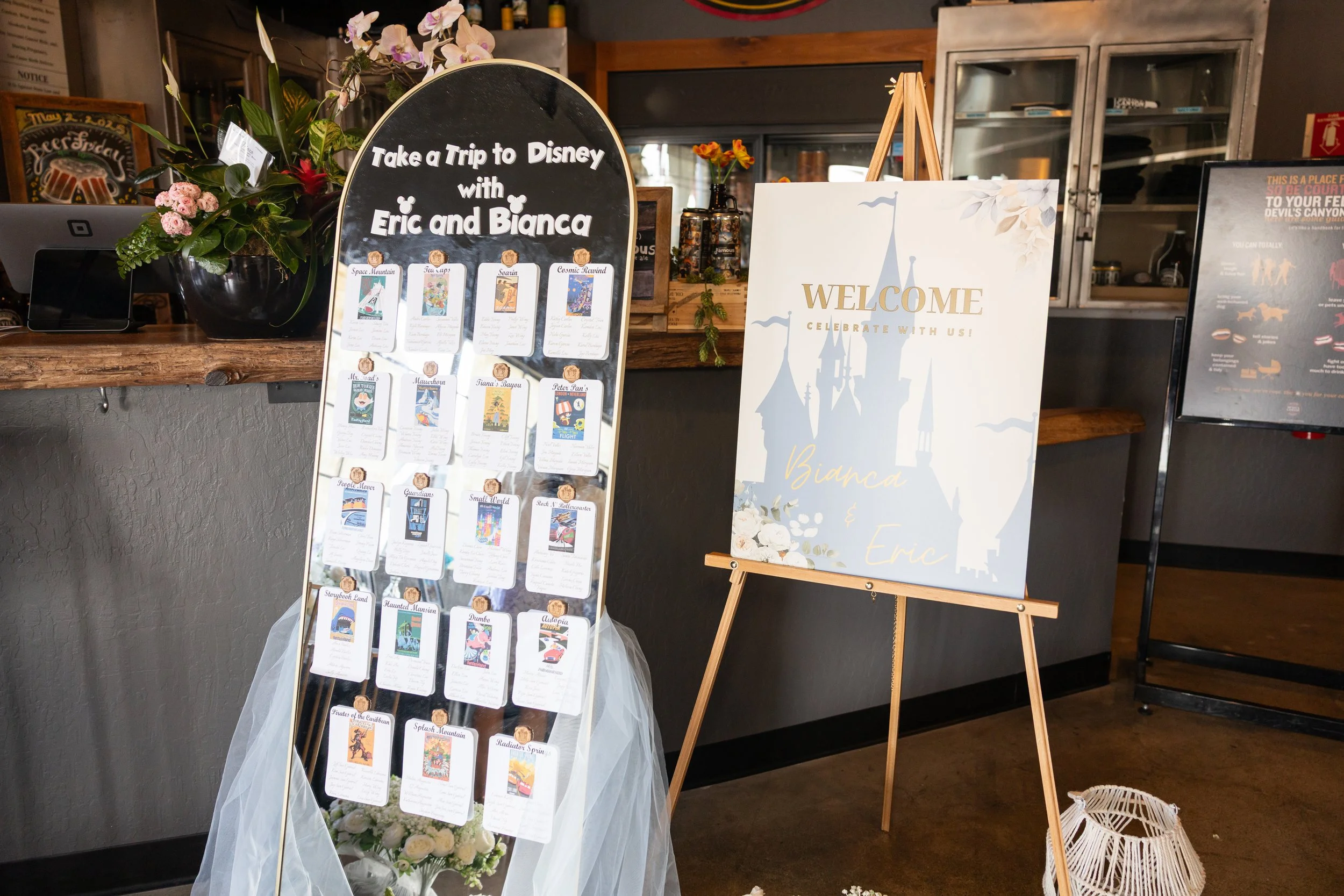 Wedding welcome sign with castle graphic and text 'Welcome Celebrate with us! Bianca & Eric,' and a display board with various themed invitation cards on a stand, decorated with flowers and tulle fabric.