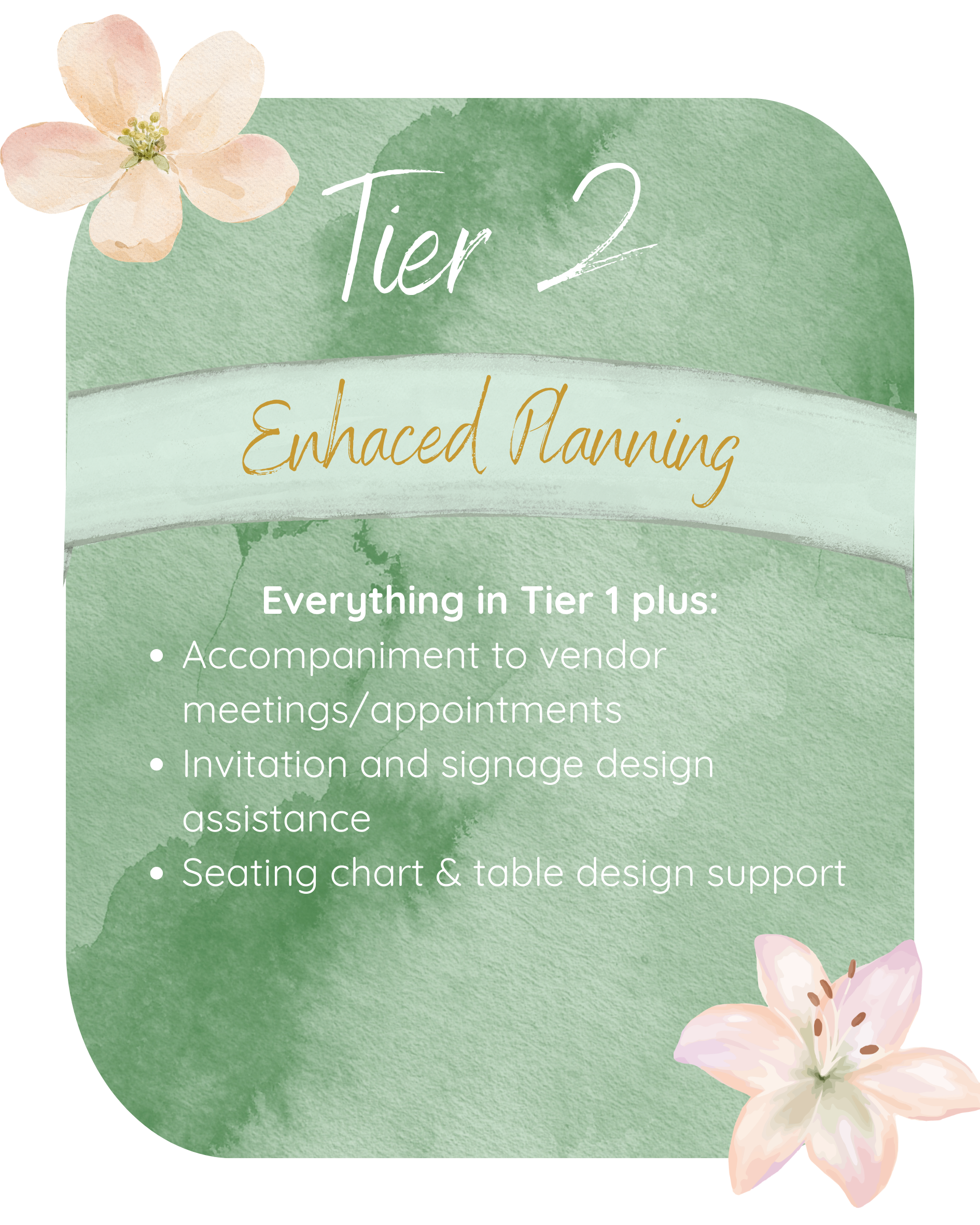 Green watercolor styled infographic with flowers, titled 'Tier 2 Enhanced Planning', listing additional tasks like vendor appointment support, signage, and seating chart assistance.