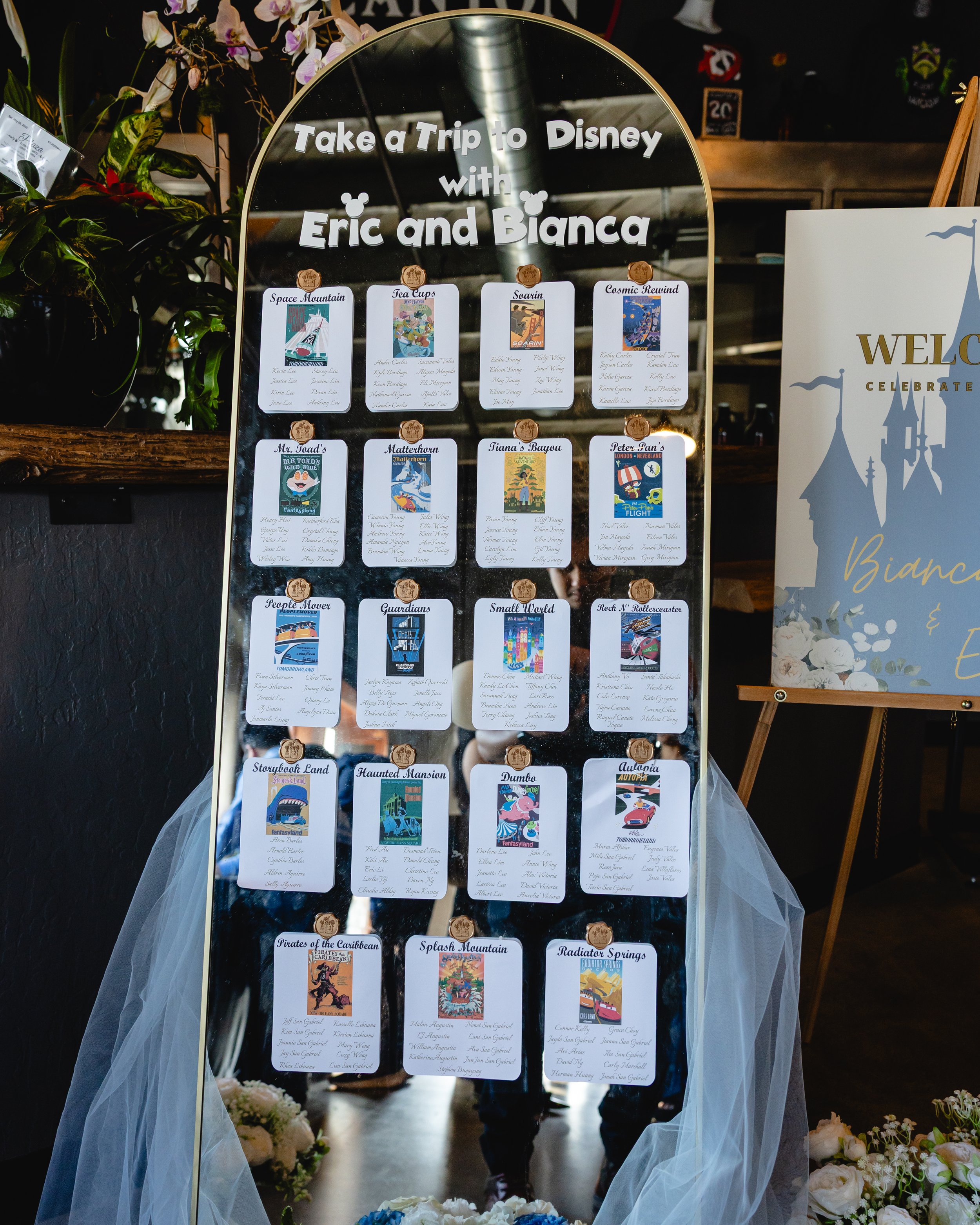 A decorative mirror board with the text 'Take a Trip to Disney with Eric and Bianca,' displaying various Disney-themed paper cards, each representing a different Disney attraction or movie, with related names and illustrations. The board is adorned w