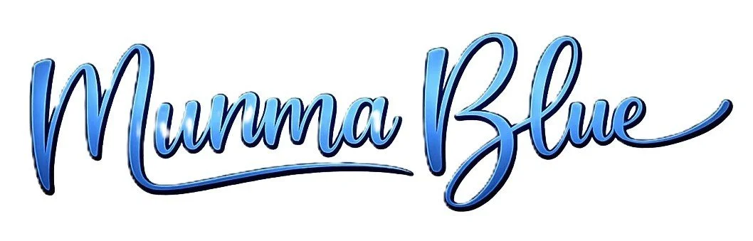 Stylized text saying "Mumma Blue" in blue cursive font.