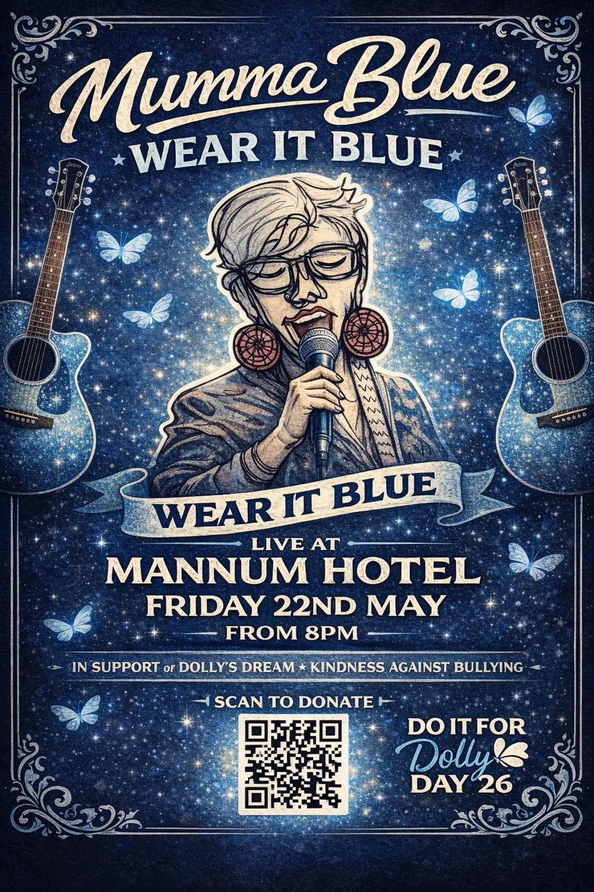 Poster advertising a live music event for a cause, featuring an illustrated woman singing into a microphone with glasses and large earrings. The background is starry with butterflies and two blue guitars. Event details include date, time, location, and a QR code for donations.