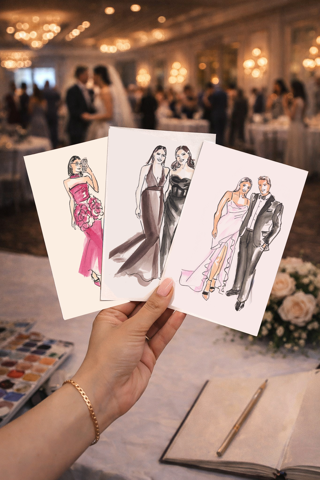 A hand holding three fashion sketches of people in formal attire, with a blurred wedding reception in the background.