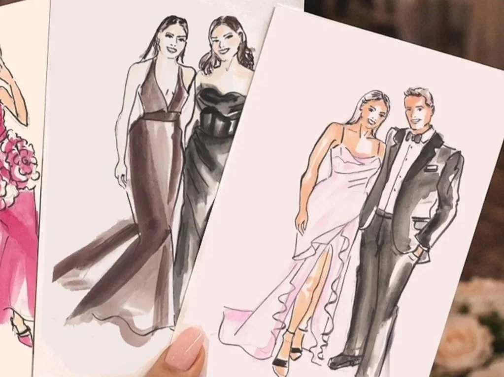 Fashion-inspired live wedding guest illustration by Crystal LH Studio