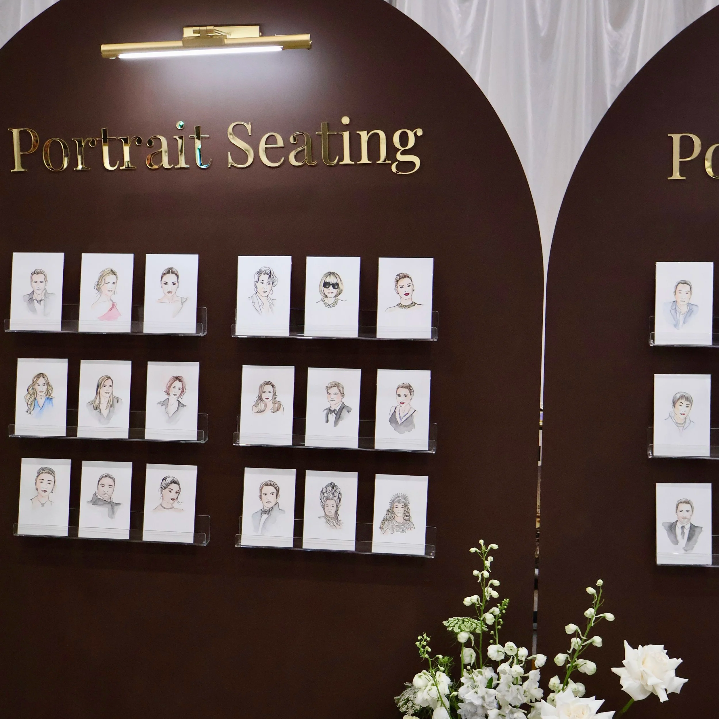 Portrait Seating display of personalised guest illustrations for weddings and events