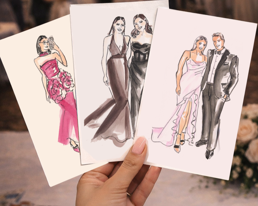 Hand holding four illustrated fashion sketch cards featuring women in formal evening wear.