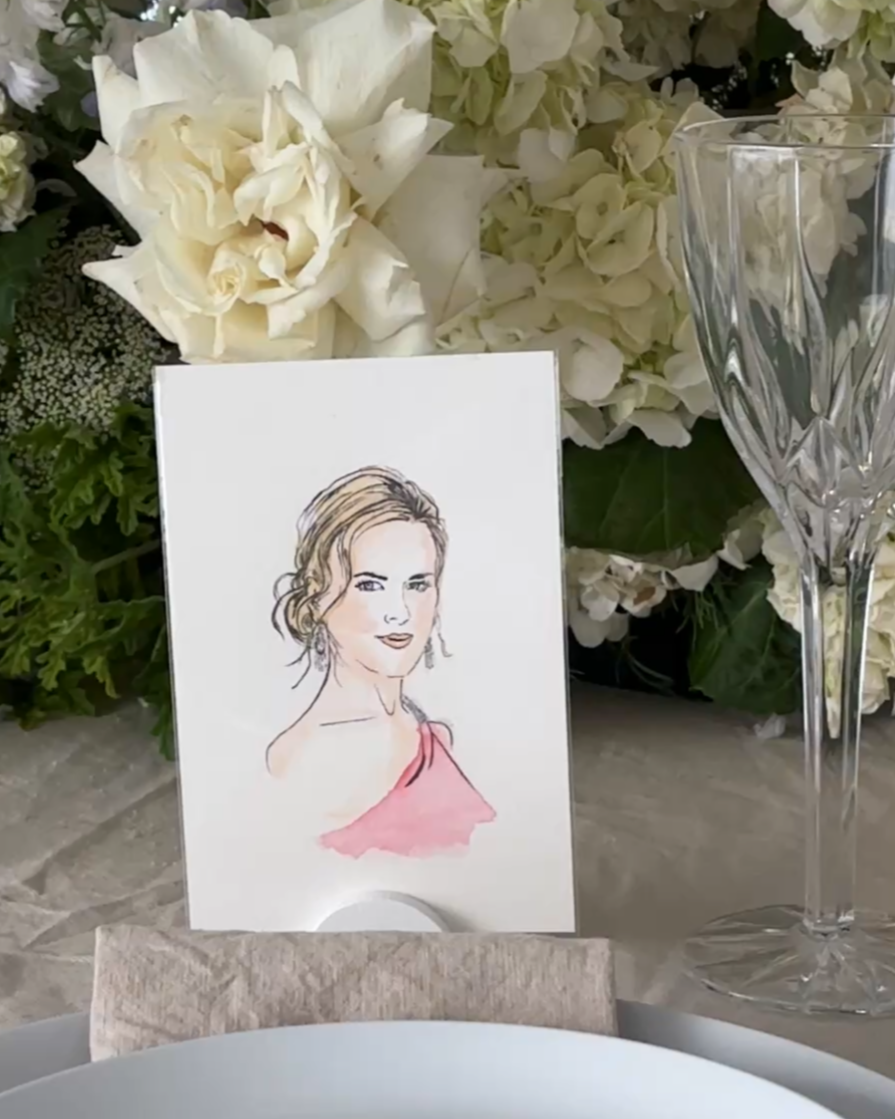 Colour fashion portrait postcard styled as a personalised wedding place setting