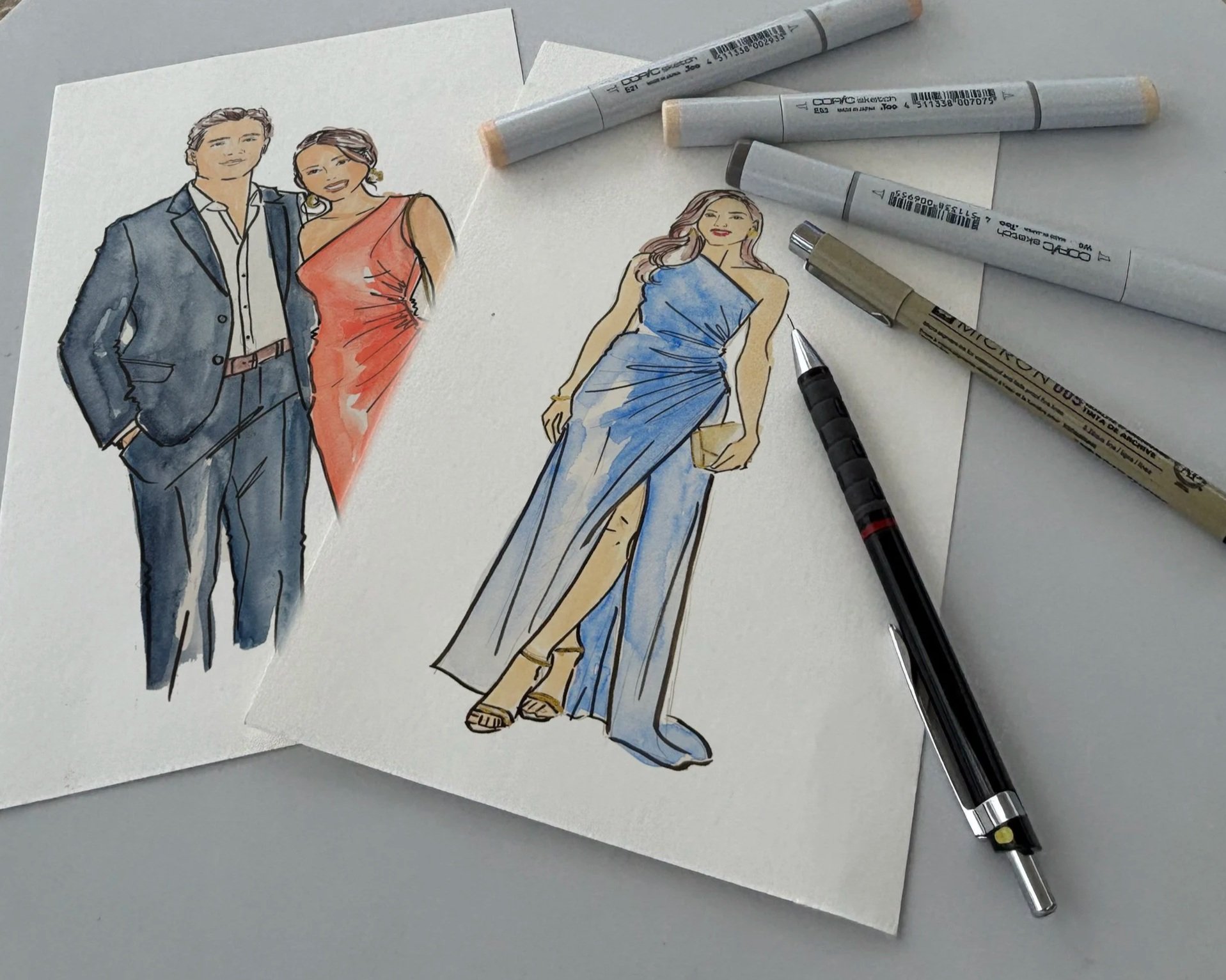 Full-outfit wedding guest portraits in blue and coral, illustrated by Crystal LH Studio.