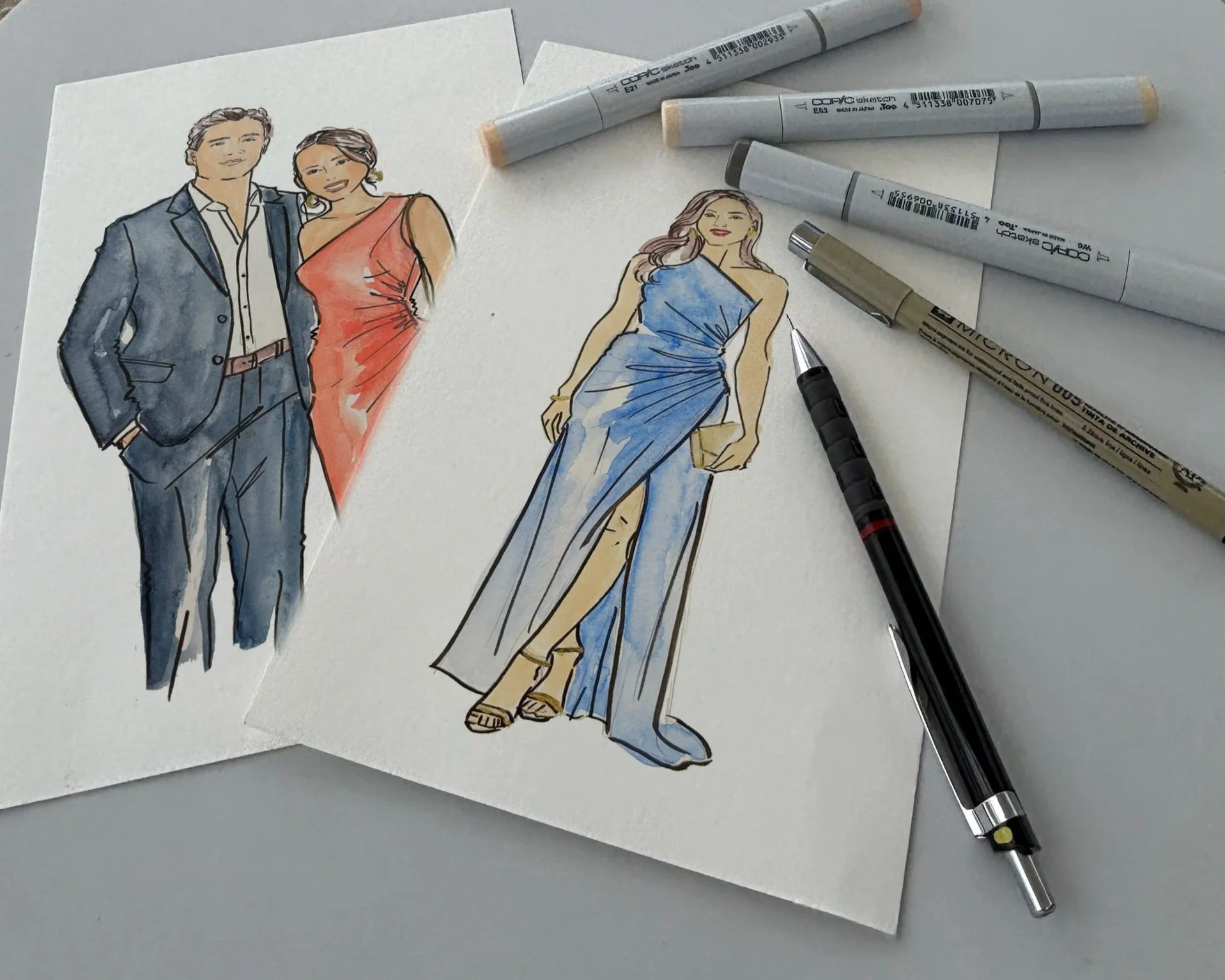 Colour fashion illustrations of wedding guests in full-outfit portrait styles by Crystal LH Studio.