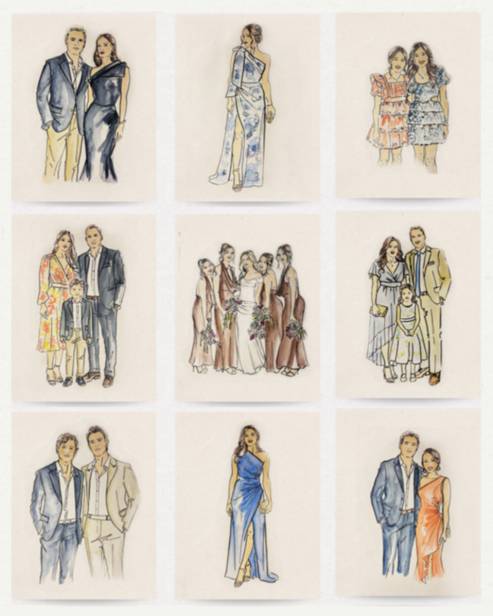 Collection of colour full-outfit wedding guest portraits featuring clothing, accessories and personal style